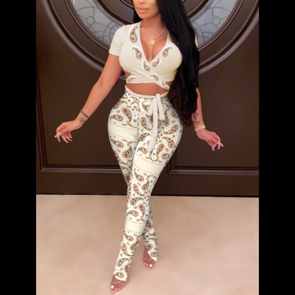 Cashew Print Beige Wrap Around Crop Top & Matching Leggings/Pants 2pc Outfit - Picture 1 of 2